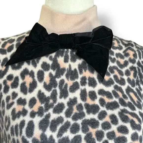 Kate Spade Leopard Bow Sweater XS Wool Short Sleeve Turtleneck Animal Print Top